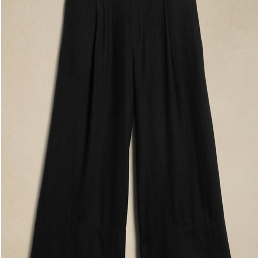Banana Republic Factory Linen-Blend Pull-On Wide-Leg Cropped Pant, Black, Size M